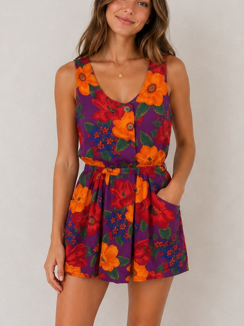 Grand NouVeau VTG 80s Romper Floral Purple Rayon Button Front Pockets 11/12